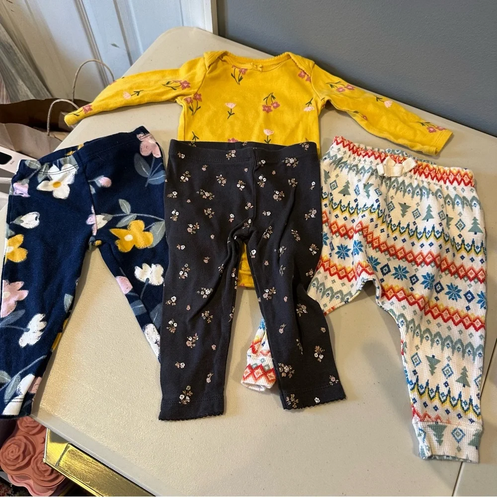 6-9M Bundle of Two Floral Leggings, Printed Joggers & Floral Onesie
